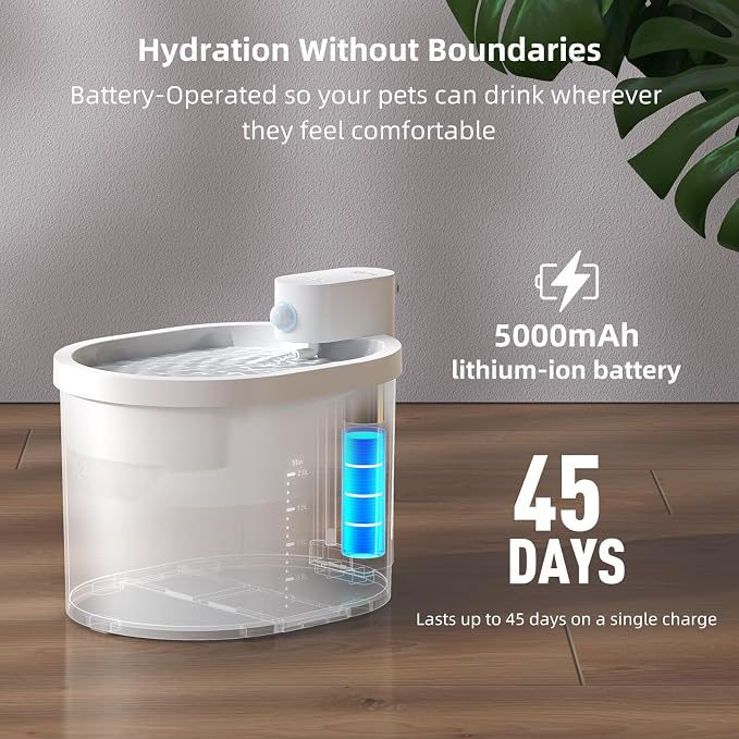 uahpet Cat Water Fountain, Wireless & Battery Operated 2L/67oz Pumpless Automatic Pet Fountain with Motion Sensor, Food-Grade ABS Tray, Easy to Clean Water Dispenser for Cats - Image 3