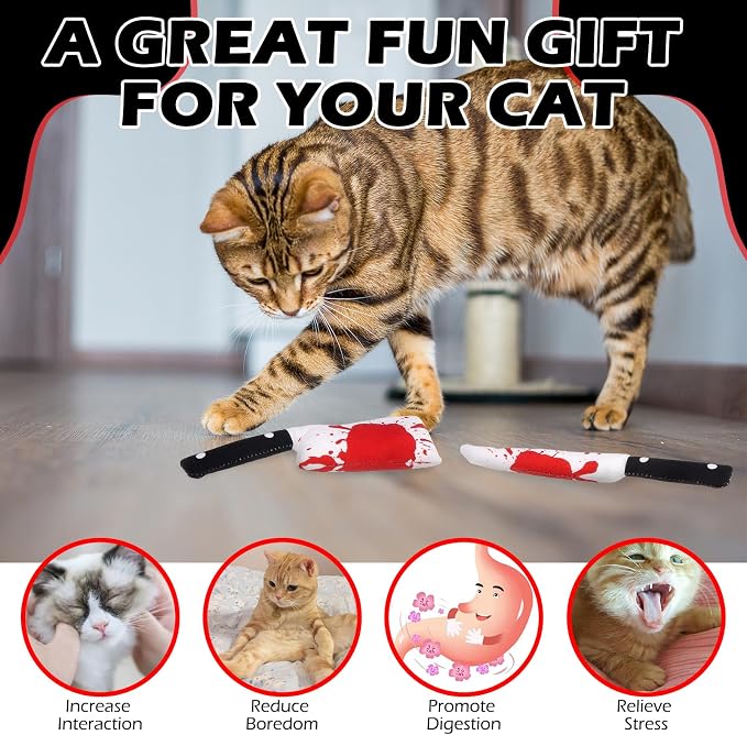 EXPAWLORER Cat Catnip Toys- 6 Pcs Halloween Interactive Stuffed Knife Nip Toy for Indoor Cats, Bite Resistant Chew Toys Teeth Cleaning Gift for Kitten - Image 5
