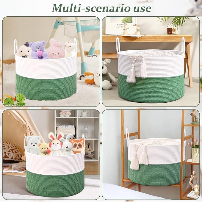 67L Large Woven Blanket Basket, Cotton Rope Baby Laundry Hamper with Handles, Kids Toy Basket for Classroom & Nursery, Soft Round Stuffed Animal Storage, Dog Toy Bin - 20"x13", Green - Image 7