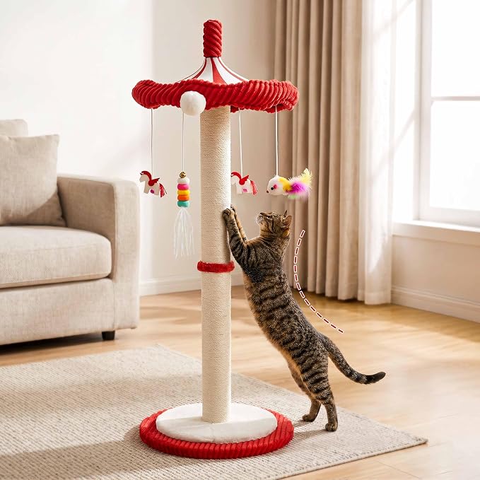 Carousel Cat Scratching Post with Hanging Toys, Interactive Cat Toys | 39" Tall,Cute Cat Post with Rotating Top, Cat Toys for Bored Indoor Adult Cats, Large,Stable, Sisal Rope - Image 3