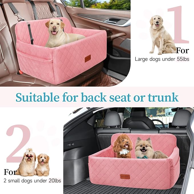 Dog Car Seat for Medium Large Dogs Under 55 lbs, Washable Pet Booster Seat | Dog Car Bed for 2 Small Dogs with Thick Cushion, Detachable Pet Car Seat for Backseat with 2 Safety Leashes and Pockets - Image 5