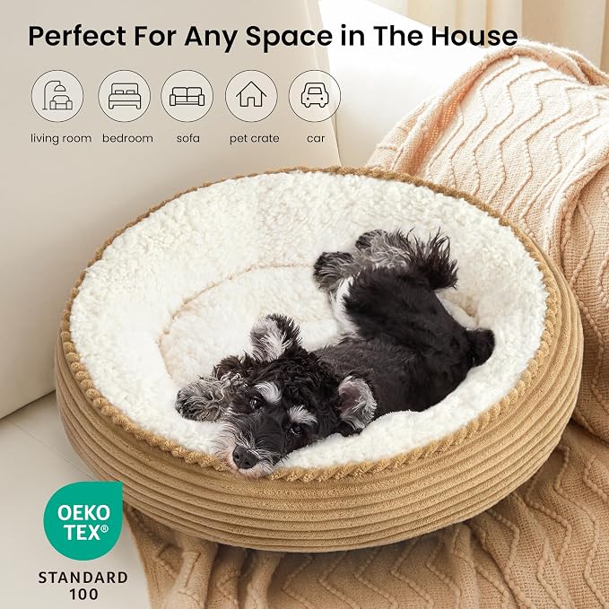 Love's cabin Round Donut Cat and Dog Cushion Bed, 24in Pet Bed for Small or Medium Dogs, Anti-Slip & Water-Resistant Bottom, Soft Durable Fabric Pet Beds, Washable Calming Cat Bed Beige - Image 6