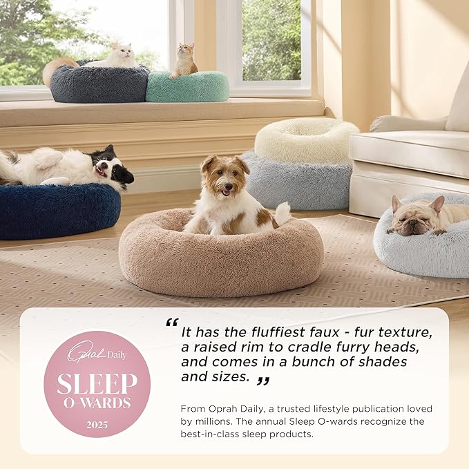 Bedsure Calming Cat Beds Donut Round Washable Kitten Bed,20 inches Green | Fluffy Faux Fur Cuddler,Machine Washable,Anti-Slip Bottom,Anti-Anxiety,Deep Sleeping for Cats&Small Pets Up to 15 Lbs - Image 2