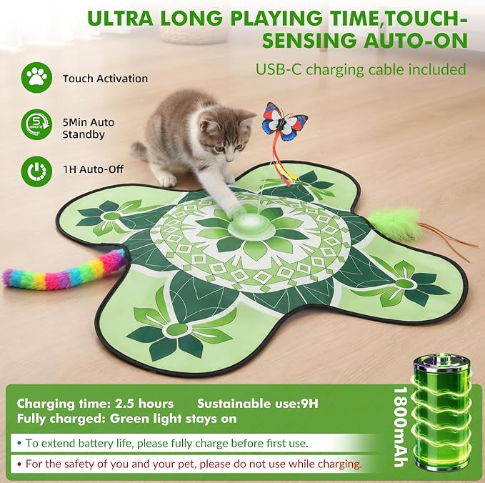 Wortade 3in1 Interactive Hide-and-Seek Cat Toy, Rotating, Green | Moving Concealed Wand Feather,Automatic Fluttering Butterfly,Cat Stimulation,Touch Activated,Mouse Squeaky,1800mAh Battery - Image 4