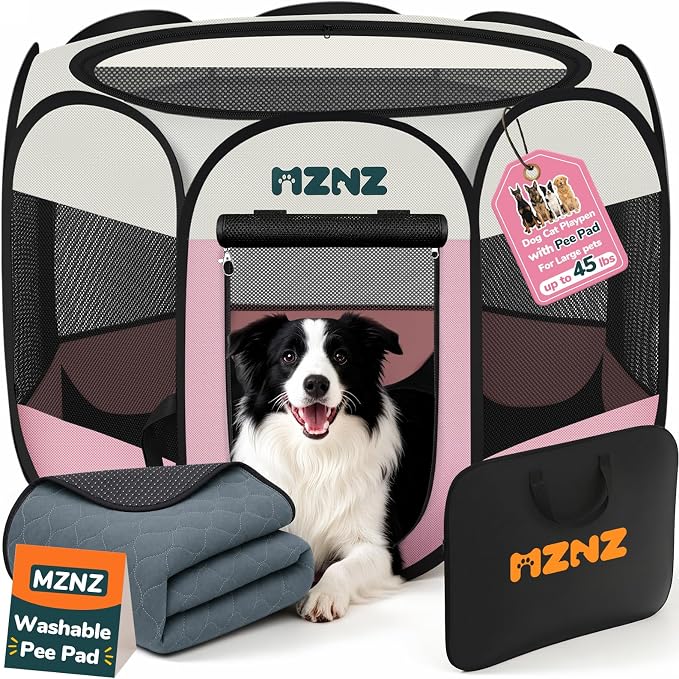 Dog Cat Small Animal Puppy Playpen Crate with Pee Pad, Large, Pink | Portable Pop Up Pet Cage Enclosure Tent Kennel Indoor Outdoor with Carrying Case, No Assembly, Camping Use by MZNZ