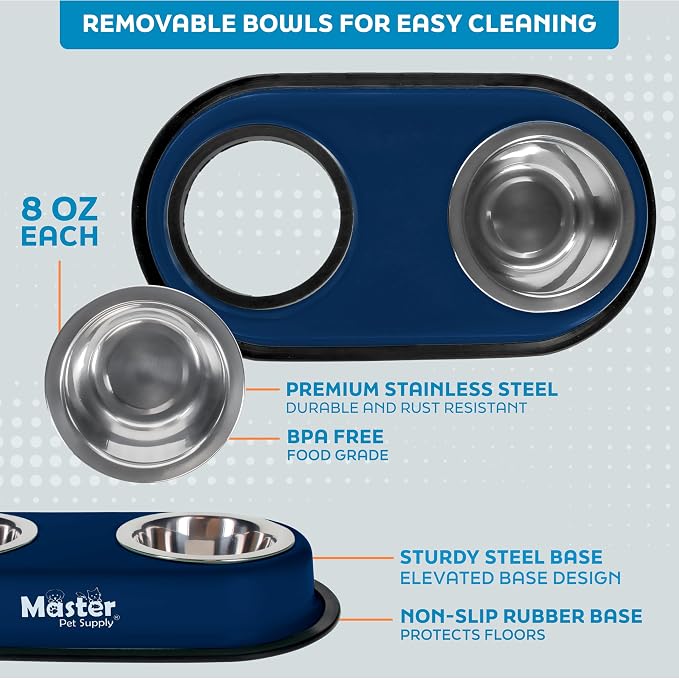 Master Pet Supply Double Dog Bowls Set with Elevated Base Navy Blue | 2 - (8 oz) Stainless Steel Removable Dishes Double Cat Food Water Bowl, Dog Puppy Food Bowl Set, Rust Resistant, Raised Dish - Image 3