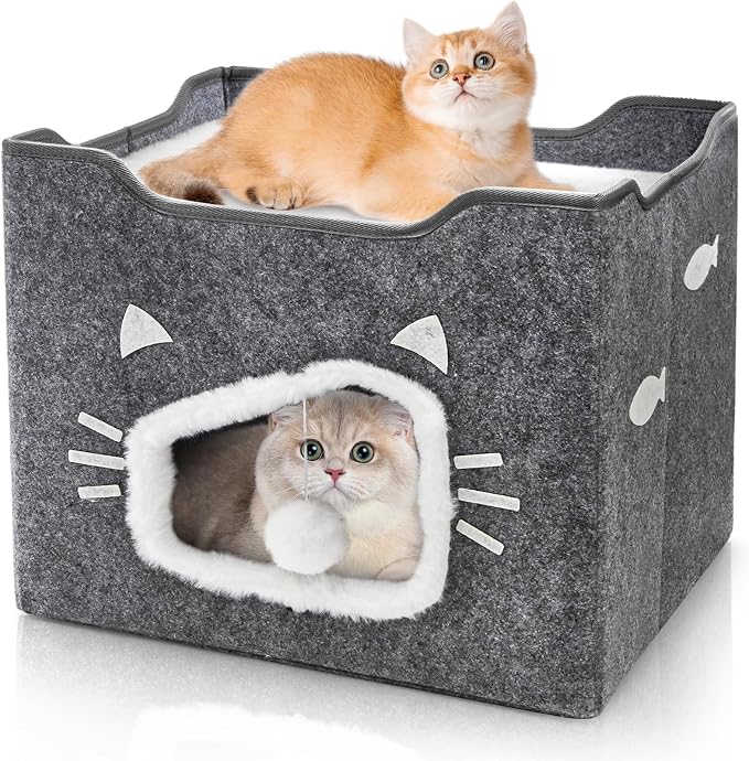 Cat House for Indoor Cats with Cushion Pad and Fluffy Ball | Large Foldable Covered Cat Bed, Cute Cat Cave Cat Condo Hideaway for Pet Cats, Multi Small Pet, Grey by Acshio