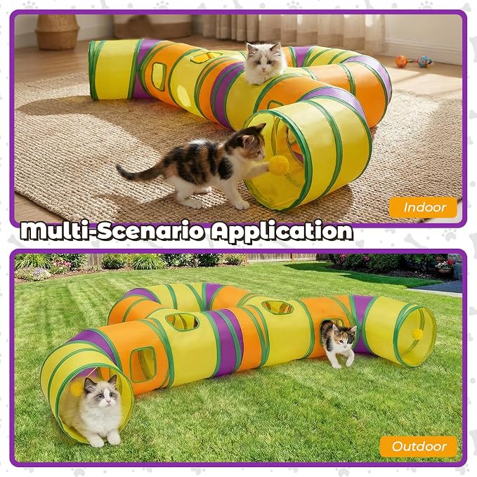 Cat Tunnel for Indoor Cats Large, Collapsible Cat Playhouse Pet Play Tunnel Tube Maze with Hanging Pom-Poms and Interactive Holes for Kitten, Kitty, Puppy, Rabbits, Ferret, Guinea Pig - Image 7