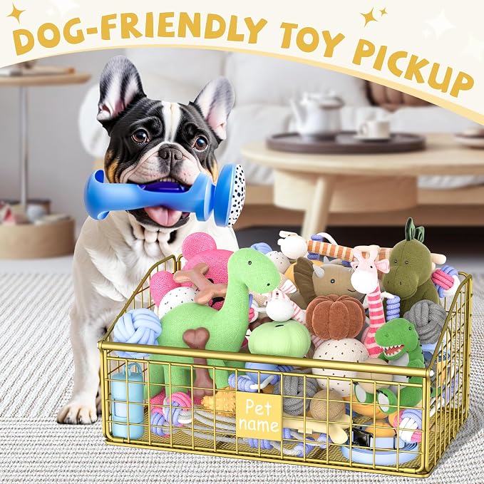 Kaiferty Indestructible Dog Toy basket, Medium Toy Box for Dogs,Pet Toy Bin Dog Metal Basket for Toys, Toy Storage Organizer, Toy Box for Living Room Area (Gold) - Image 3