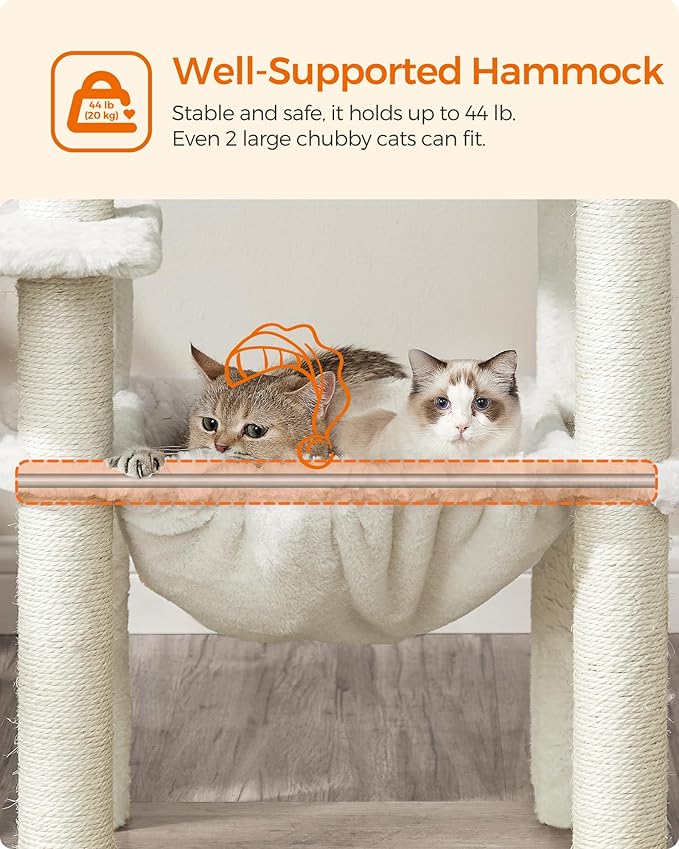 Feandrea Cat Tree, 56.3-Inch Modern Cat Tower, Multi-Level Plush Condo with Scratching Posts, Hammock, Washable Cushion, Heather Greige UPCT164G01 - Image 6