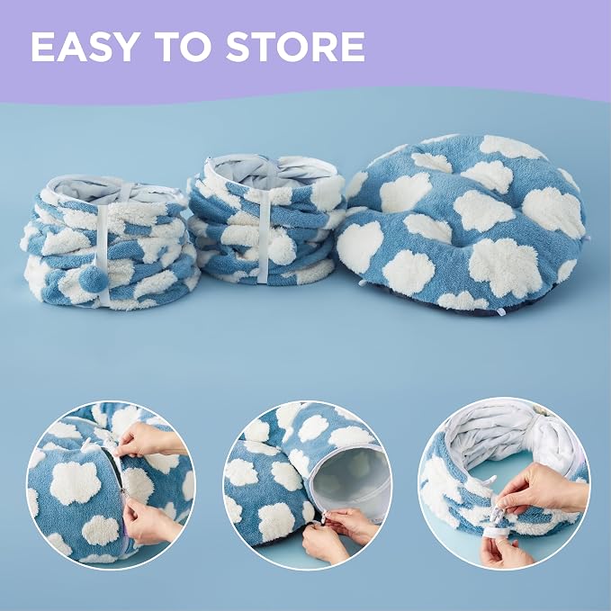 Lesure Donut Cute Jacquard Large Cat Tunnel Bed Kitten Toys for Dog Bunny | 39.5x39.5x10in,Round Large Cat Bed Tube for Multi Kittens,Pet Peekaboo Cave Toy,Spiral Hideaway,Washable Cushion,Blue - Image 4
