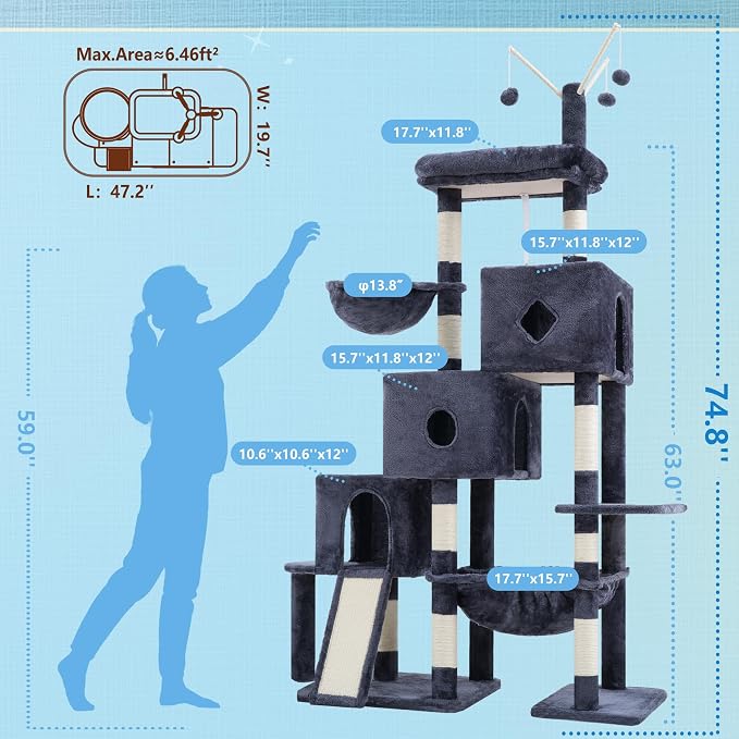 Hey-brother Cat Tree Tower with 3 Condos, Step Climbing Pathway MPJ081G | 74.8 Inches Scratching Post with 3 House, Hammock, Large Basket, Cozy Bed, Sisal Board, Toys for Big Indoor Cats, Smoky Gray - Image 2