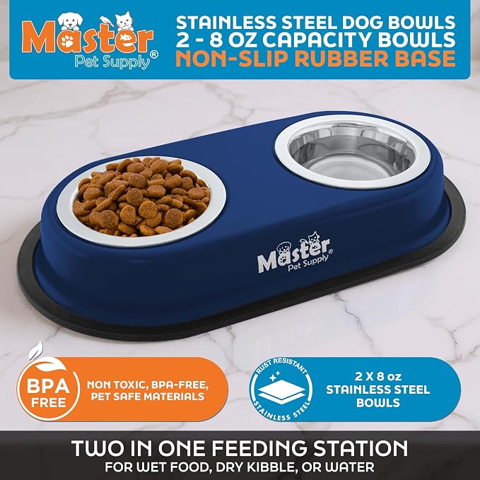 Master Pet Supply Double Dog Bowls Set with Elevated Base Navy Blue | 2 - (8 oz) Stainless Steel Removable Dishes Double Cat Food Water Bowl, Dog Puppy Food Bowl Set, Rust Resistant, Raised Dish - Image 2