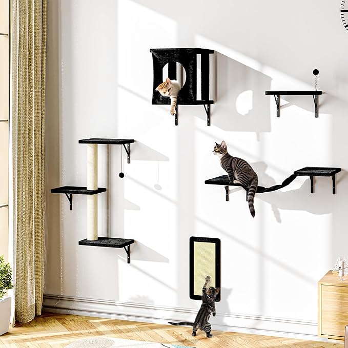 Cat Wall Shelves, 10-in-1 Wall-Mounted Cat Furniture Set | Large Cat Climber Set with House, Bridge, Steps, Scratcher, DIY Playground, Shelves for Indoor Wall Furniture Set - Black - Image 6