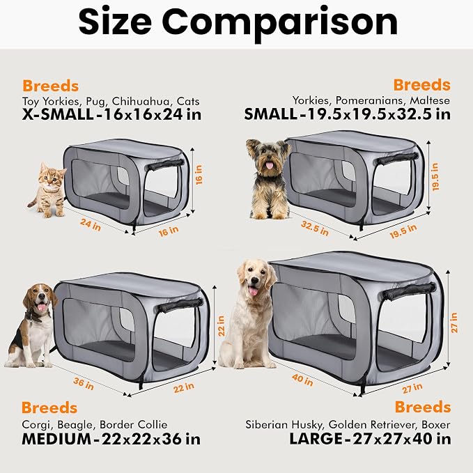 Portable Collapsible Pop Up Kennel, 32.5"L x 19.5"W x 19.5"H, Gray | Collapsible indoor/outdoor travel cat and dog crate with mesh screen windows pops up and folds flat for easy storage - Image 3