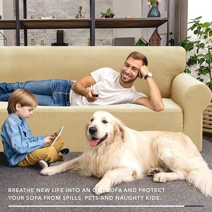 XINEAGE Stretch Jacquard Loveseat Cover, Non Slip Sofa Slipcover for Dog | High-Stretch Fabric. Wear-Resistant, Pet Friendly. Easy Install & Washable for Living Rooms, Offices.Beige - Image 4