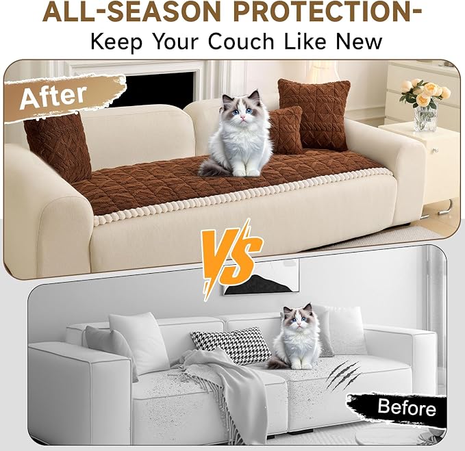 OTOB Sofa Covers for 3 Cushion Couch Washable, All Seasons Non Slip Fuzzy Pet Couch Cover, Soft Plush Geometric Jacquard Sofa Slipcovers, Kids Pet Friendly Dog Bed Mats (Dark Coffee, 27.6" x 70.9") - Image 2