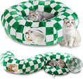Cute Round Cat Tunnel for Indoor Cats, Green/White | Peekaboo Cat Cave with Dangling Balls, Checkered Pet Donut Tunnel Bed with Circle Mat for Puppy Kitten Rabbit by Yaning