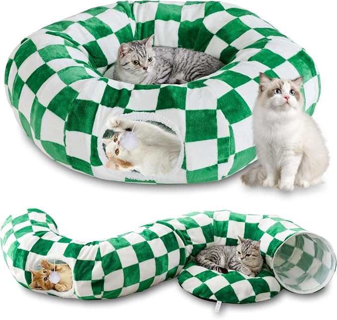 Cute Round Cat Tunnel for Indoor Cats, Green/White | Peekaboo Cat Cave with Dangling Balls, Checkered Pet Donut Tunnel Bed with Circle Mat for Puppy Kitten Rabbit by Yaning