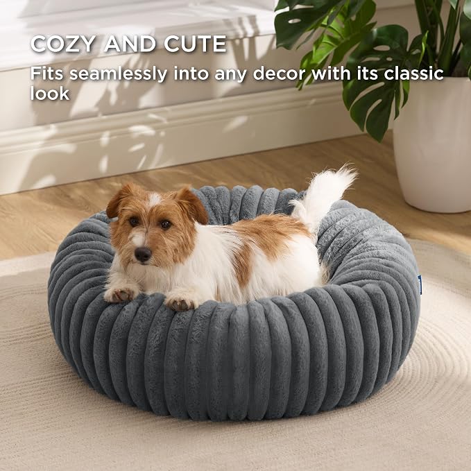 Bedsure ComfyFleece™ Donut Small Dog Bed with Removable Washable Cover | 27x27x8in, Calming Round Cat Beds for Indoor Cats, Support Plush Puppy Bed, Corduroy Fleece,Anti Slip Bottom,Warm Grey - Image 4