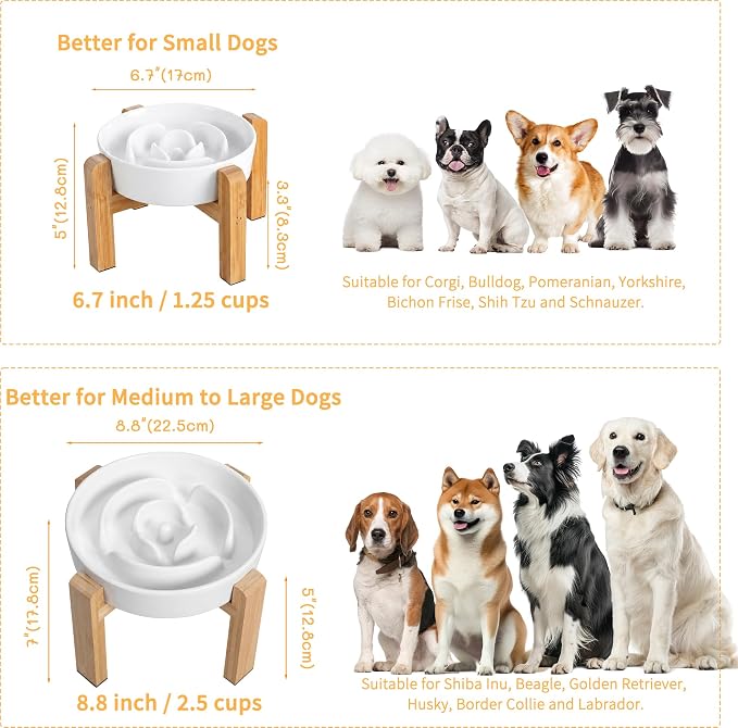 Elevated Slow Feeder Dog Bowl - Ceramic Food Dish with Bamboo Stand - Raised Maze Design - Ideal for Medium to Large Dogs - White - 8.8 inch (Pack of 2) - Image 7