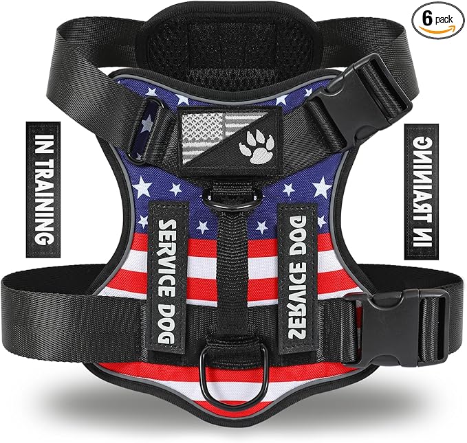 Service Dog Harness, Reflective Dog Vest Harness with 5 PCS Patches, Adjustable Soft Oxford Pet Harness, Inner Layer Mesh, Easy to Control for Dogs (USFLAG, Large (Pack of 1)) by DemigreatLLC