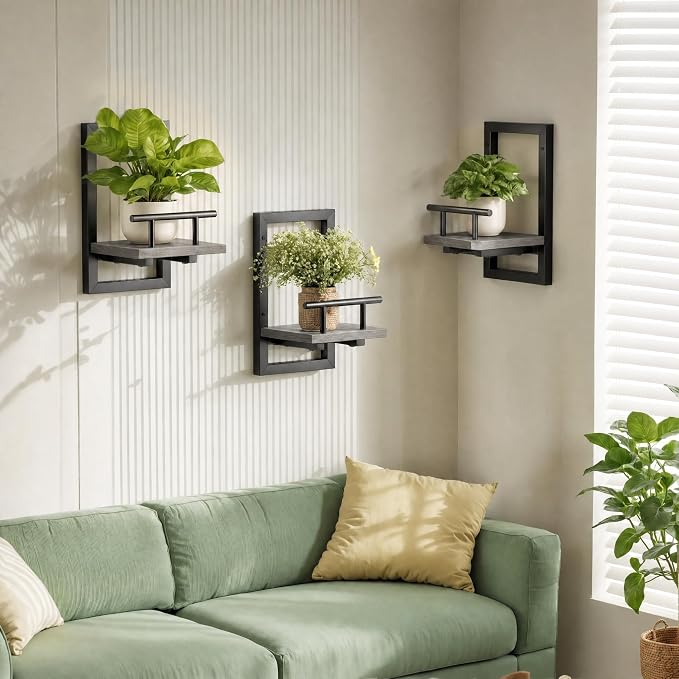 Sbosbo Floating Shelves for Wall Plant Shelf Indoor Wall Mounted Shelves | Wall Planters for Indoor Floating Plant Shelves for Bedroom, Living Room, Kitchen, Office, Bathroom Decor (Grey, 2 Pack) - Image 2
