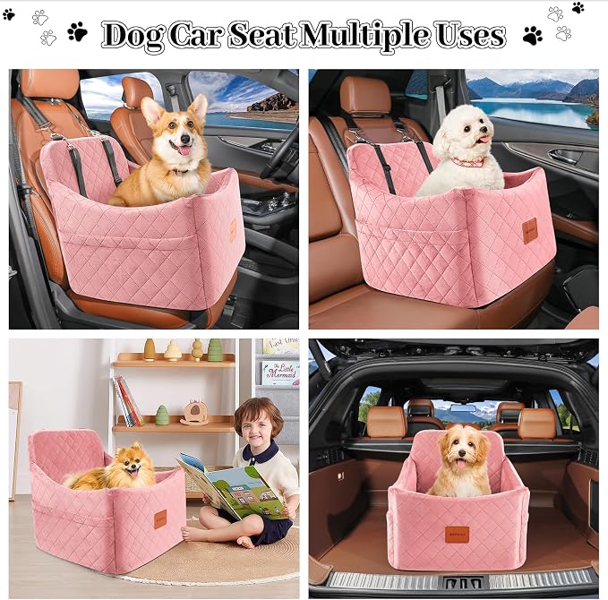 Dog Booster Car Seat for Dogs up to 35lbs, Safety Pet Car Seats with Anti-Slip Bottom, Travel Booster Dog Bed with 2 Storage Pockets (Pink, Medium) - Image 5