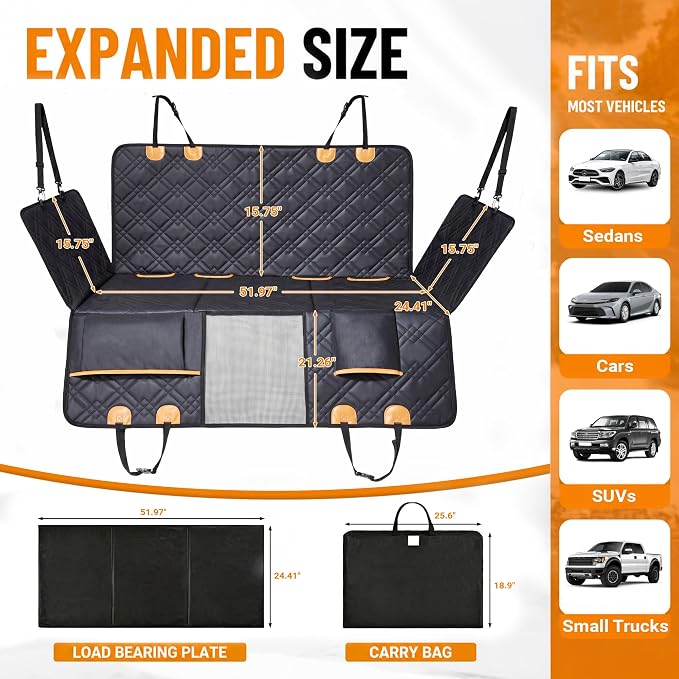 Back Seat Extender for Dogs - Hard Bottom Dog Car Seat Cover for Back Seat Holds 400lbs, Upgraded Waterproof Dog Hammock for Car and SUV, Sturdy Backseat Extender for Dogs (Orange) - Image 7