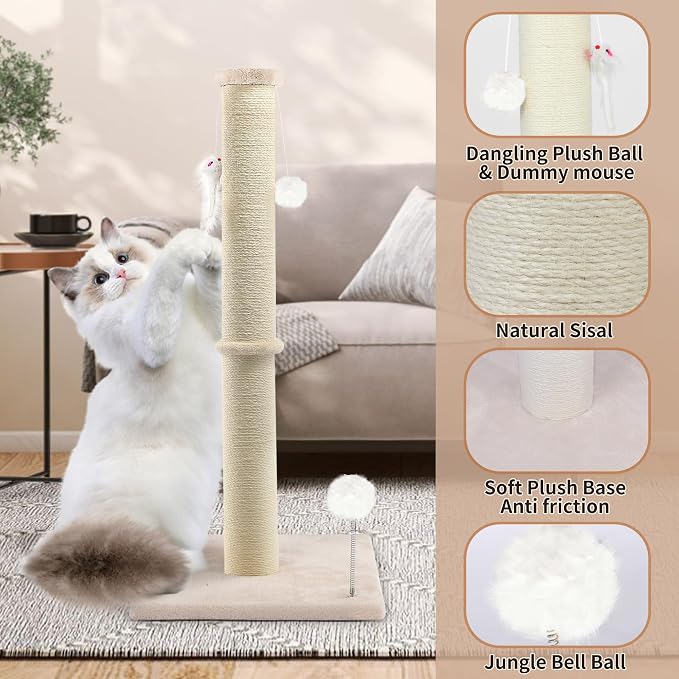 36 Inch Tall Cat Sisal Scratching Post for Indoor Cats, Beige | Natural Sisal, Sturdy Base, Interactive Toys, Full Stretch, For Kittens and Adult Cats - Image 2