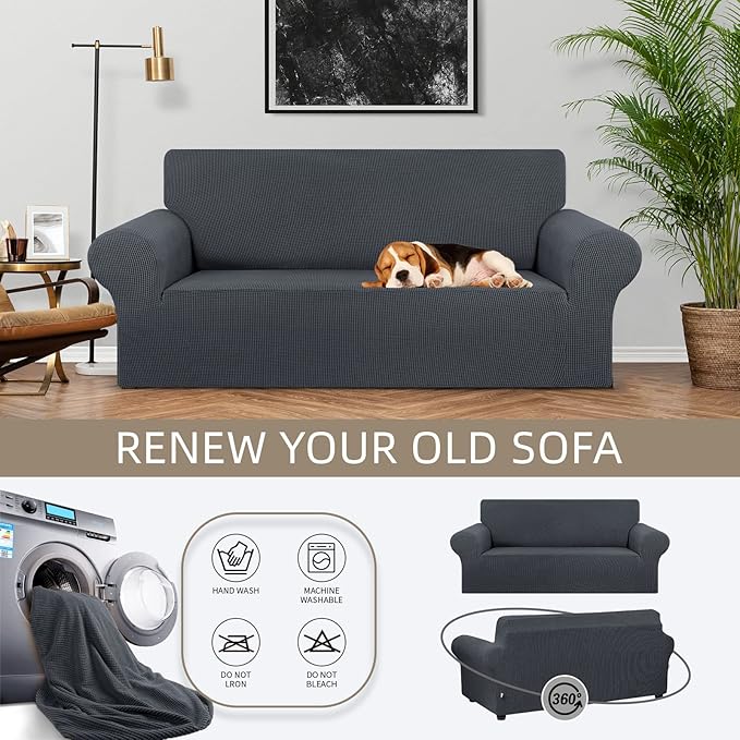 KEKUOU Stretch Loveseat Couch Cover, 2 Cushion Couch Slipcover,Charcoal | 1-Piece Washable Sofa Cover Pet Friendly (55"-78") Furniture Protector Soft Jacquard, Elastic Bottom for Dogs & Kids - Image 3