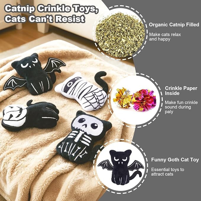 Retro Shaw Catnip Cat Toys, Horror Goth Cat Toy for Indoor Cats Kitty, 4PCS | Crinkle Sound,Interactive Fun,Soft and Durable,Halloween Kitten Toys Cat Nip Kicker Toy for All Breeds - Image 2