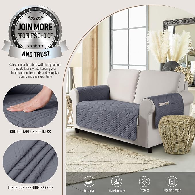 TAOCOCO Waterproof Loveseat Covers for Dogs, Non Slip Couch Cover, 54'' | Washable Love Seat Covers with Arms for 2 Cushion Couch, Dog Sofa Cover Protector, Pockets & Backless Design, Dark Grey - Image 2