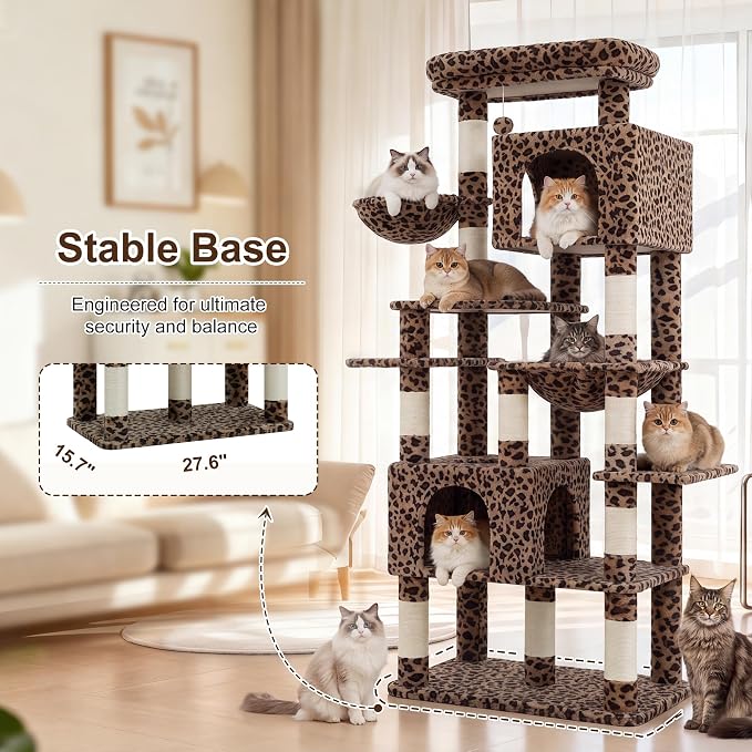 Heybly Cat Tree, 76-Inch Tall Heavy Duty Cat Tower for Big Cats HCT039BW | Multi-Level Large Cat Furniture with Extra Wide Baseboard, 2 Condos & 2 Hammocks, 10 Scratching Posts, Leopard Print - Image 2