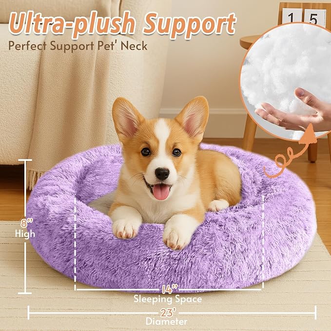 JOLLYVOGUE Calming Dog Bed for Small Dogs - 23 inches Donut Washable Small Dog Bed for Kittens & Puppies, Anti-Slip Round Fluffy Plush Faux Fur Cat Beds (Fits up to 25 lbs Pets, Purple) - Image 5