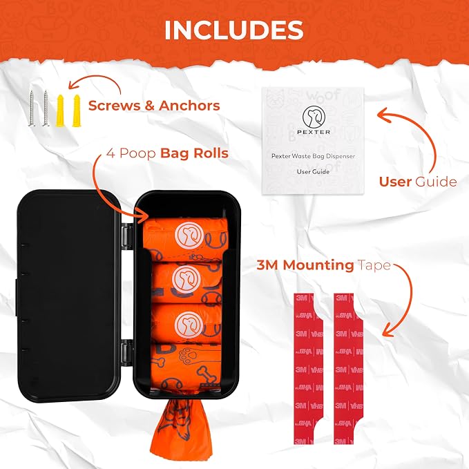 Pexter Dog Poop Bag Dispenser - Outdoor or Indoor Pet Waste Bag Dispenser Station - Stick-On or Screw-On Wall Mount - Poop Bags Storage Outdoor Container - Includes 4 Doggie Bag Rolls (Black) - Image 3