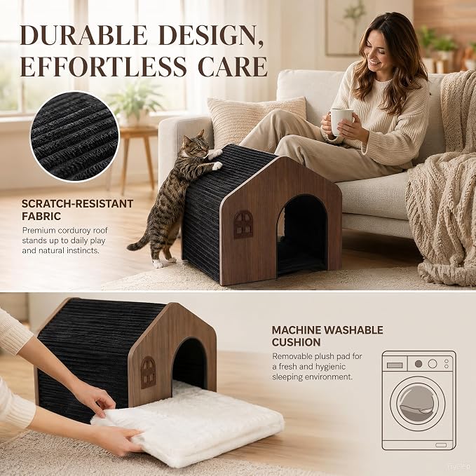 Modern Wooden Indoor Cat House - E0 Grade Enclosed Cat Cave Bed | Eco‑friendly non‑toxic washable cushion, walnut finish matches home decor, fits cats up to 20 lbs, easy assembly - Image 5