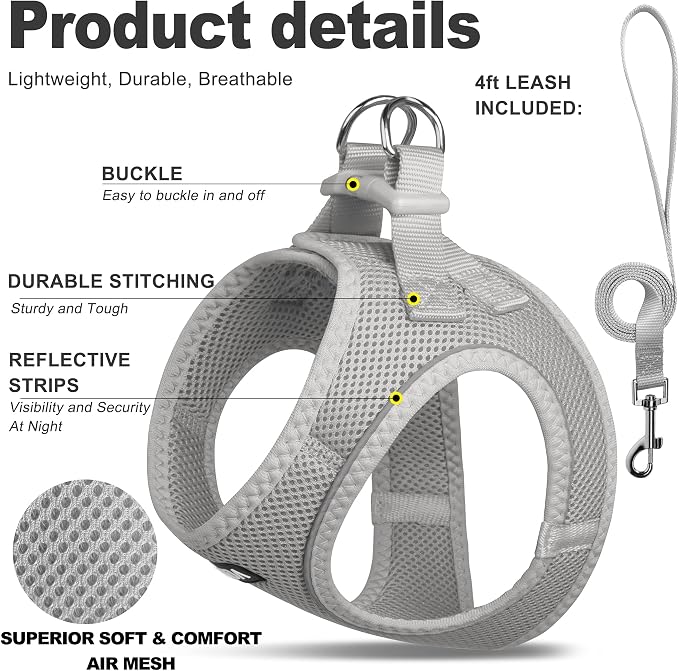 Fida Cat Harness and Leash Set for Walking Kitten and Puppy, Escape Proof Kitten Harness with Breathable Lightweight Soft Mesh, Adjustable Reflective Step-in Design for Kitten and Puppy.(XXXS, Grey) - Image 2