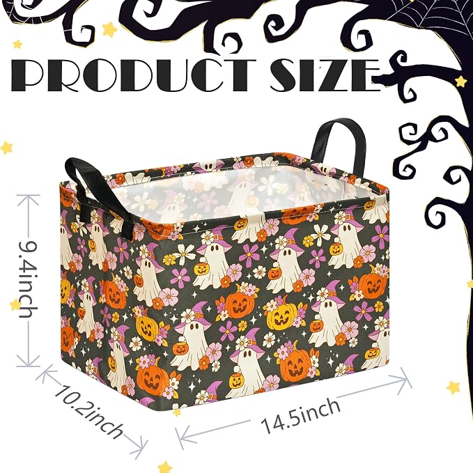 Halloween Pumpkin Ghost Storage Basket, Foldable Toy Organizer Bin | Halloween Pumpkin & Ghost Design with Cotton Linen Fabric, Waterproof Lining, Leather Handles and Foldable Storage Style - Image 4