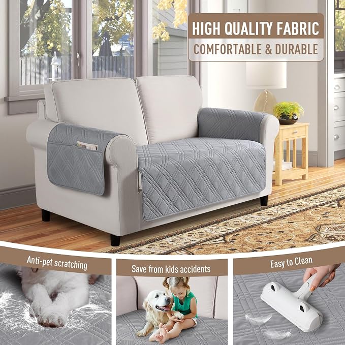 TAOCOCO Waterproof Loveseat Covers for Dogs, Non Slip Couch Cover, 54'' | Washable Love Seat Covers with Arms for 2 Cushion Couch, Dog Sofa Cover Protector, Pockets & Backless Design, Light Gray - Image 4