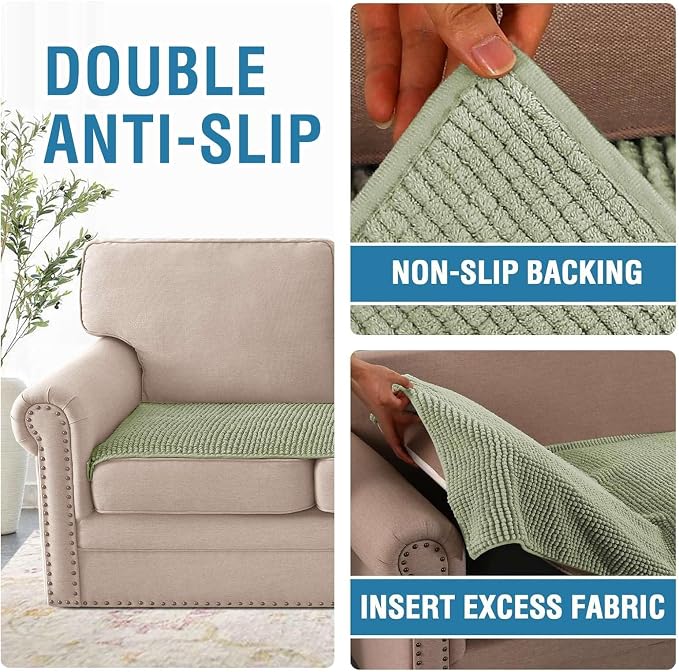 H.VERSAILTEX Plush Chenille Couch Cover for 3 Cushion Couch Anti Slip Washable Sofa Slipcovers Soft and Durable Furniture Protector for Dogs Cats Kids (27.5" x 59", Sage) - Image 5