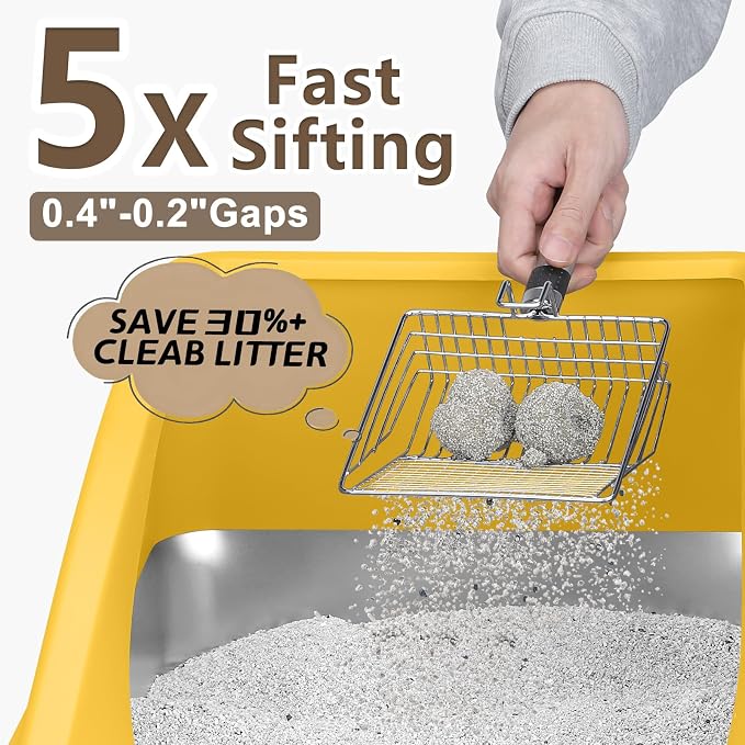 AIPERRO Stainless Steel Litter Box | XL Metal Cat Litter Boxes with Lid | Enclosed High Sided for Big Cats | Anti-Urine Leakage | Non-Stick & Easy to Clean with Litter Mat & Metal Scoop (Yellow) - Image 7