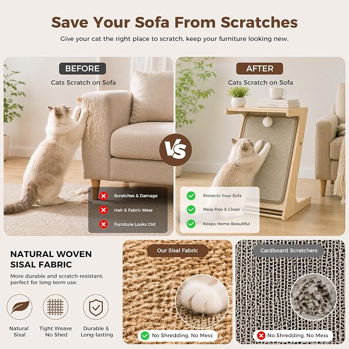 Cat Scratching Post Z-Shaped Cats Scratcher Side Table for Couch Sofa | Protector for Cat Claws, Removable Sisal,Wooden Frame, Durable Scratching board for Indoor Cats - Image 3
