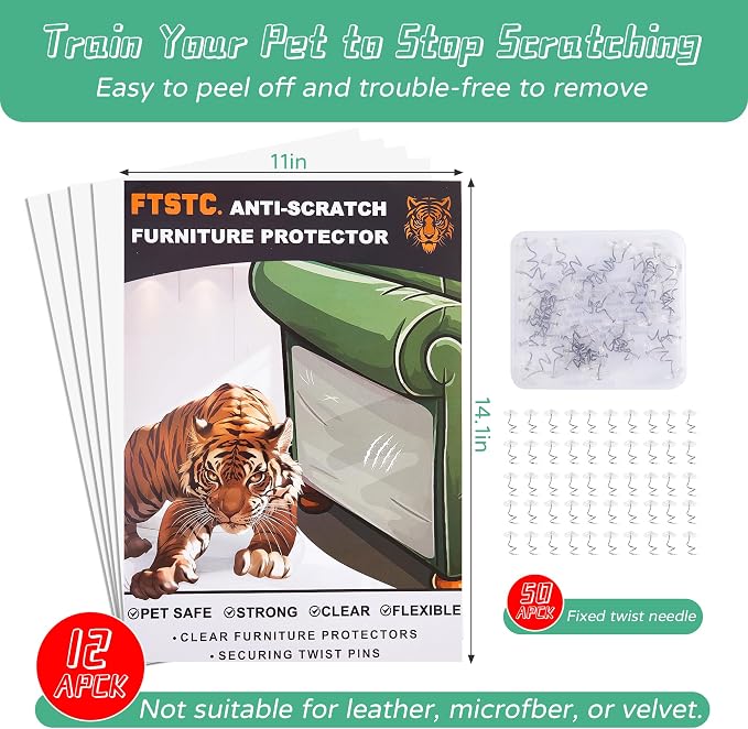 FTSTC Anti Cat Scratch Furniture Protector, 12-Pack, Furniture Protectors from Cats Scratching, Heavy Duty Self-Adhesive Couch Protector for Cats, Transparent Scratch Deterrent for Door Walls - Image 7
