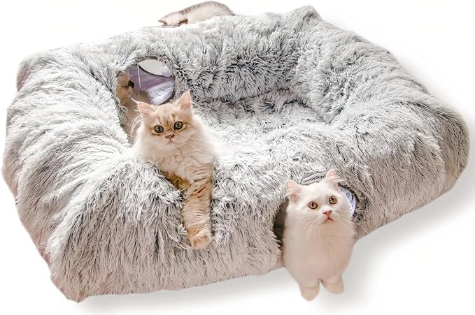 XxingSheep 4-Cave Plush XL Cat Tunnel Bed Indoor Cats Peekaboo Toy Mat Grey | Designed with multiple entrances that allow cats to play, chase and move comfortably through the tunnel by XxingSheep