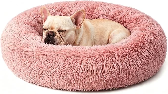 Calming Anti-Anxiety Donuts Dog And Cat Bed, Round Fluffy Soft Washable Small Medium Pet Bed For Puppy And Kitten, Cuddler Warming Comfortable Luxury Anti-Slip Waterproof Mute Base 24in Pink by Homeuslynn