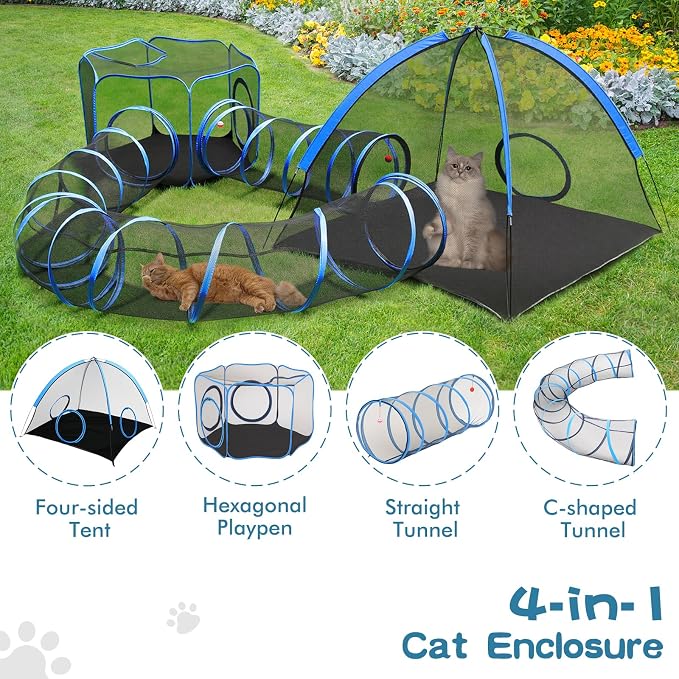 4-in-1 Outdoor Cat Enclosure, Portable Catio Tent with Tunnel | 2 Rooms & 2 Tunnels, Breathable Mesh, Carry Bag, Interactive Toys, Multi-Entry Doors, Indoor & Outdoor Use for Small pets - Image 2