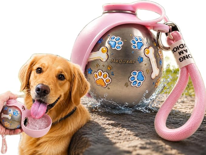 2026 New 2-in-1 Dog Water Bottle Portable, 10 Ounce Stainless Steel Dog Water Bottle, Travel Dog Water Bottle with Foldable Silicone Bowl and Water Reflux Design, Suitable for During Walks (Pink) by Unknown