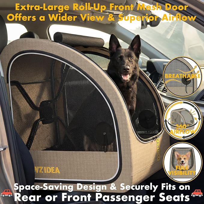 PAWZIDEA Portable Dog Crate for Car Travel, Medium & Large Dogs Up to 80lbs | Enclosed Soft-Sided Dog Car Kennel for Backseat, Secures w/ Seatbelt & Headrest Strap, Collapsible Car Carrier, Chew-Proof - Image 4