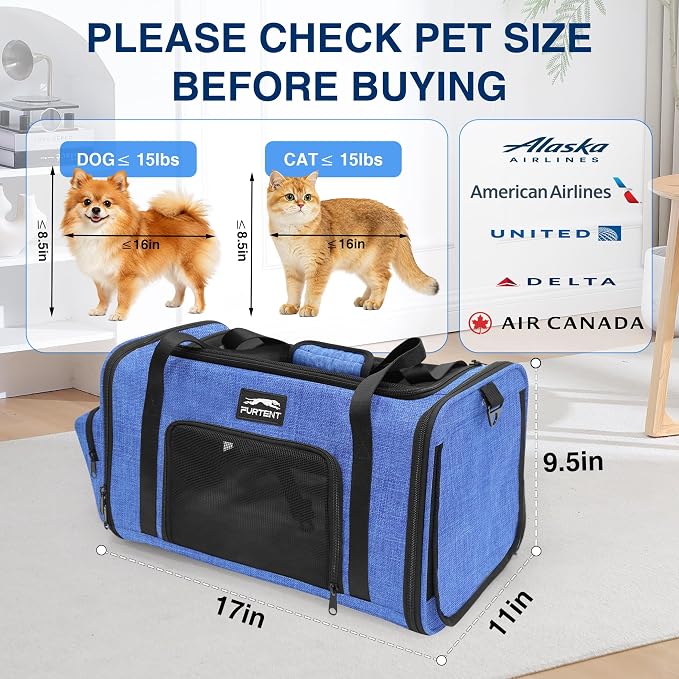 Pet Carrier for Small Dogs & Cats, Airline Approved, Lightweight, Foldable, Comfortable Travel Bag with Plush Cushion & Extra Storage (Blue) - Image 4